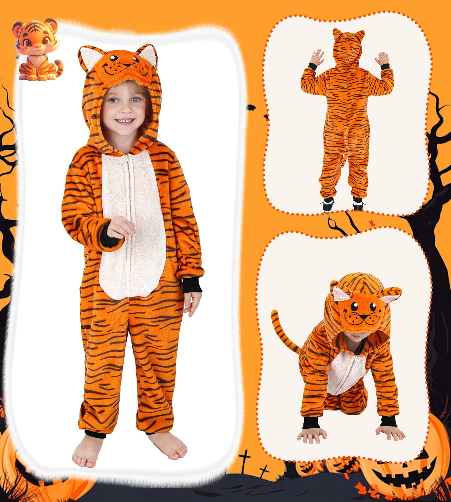 Wizland Kid Animal Onesie Tiger Outfits For Girls Boys Flanne Tiger Onesie Onepiece Holloween Costume With Tail 6-8
