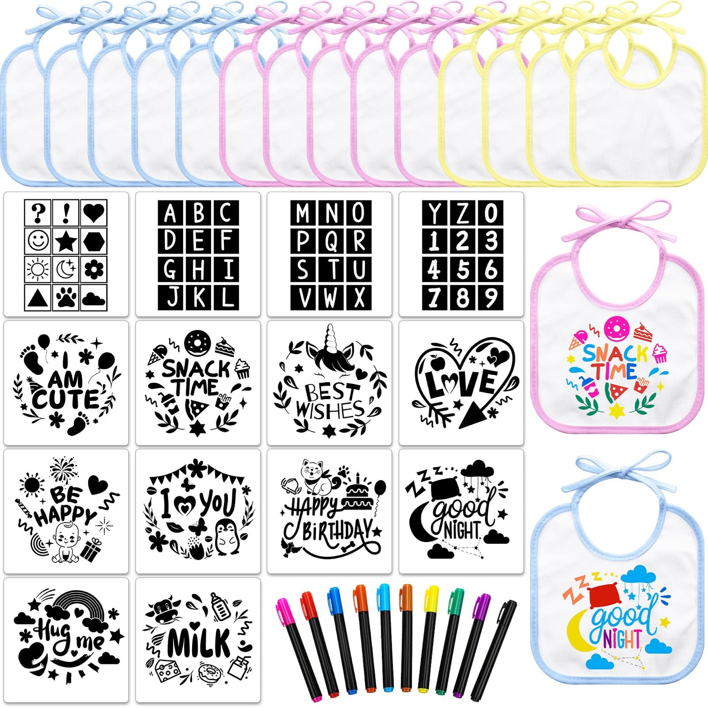 Jutom 38 Pcs Diy Baby Bibs Decorating Kit 14 Bibs 14 Stencils 10 Fabric Markers 2 Ply Feeder Bibs Design Bib For Shower Games (M