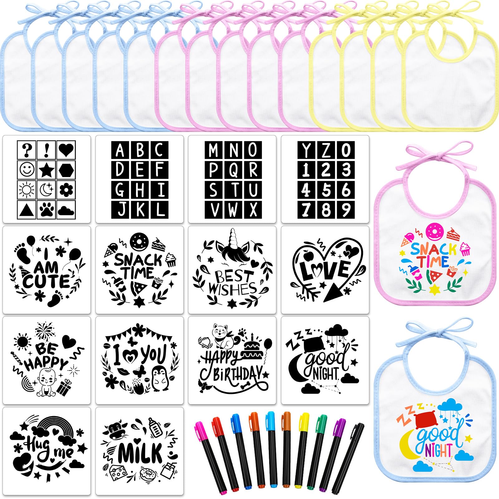 Jutom 38 Pcs Diy Baby Bibs Decorating Kit 14 Bibs 14 Stencils 10 Fabric Markers 2 Ply Feeder Bibs Design Bib For Shower Games (M