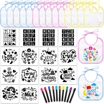Jutom 38 Pcs Diy Baby Bibs Decorating Kit 14 Bibs 14 Stencils 10 Fabric Markers 2 Ply Feeder Bibs Design Bib For Shower Games (M