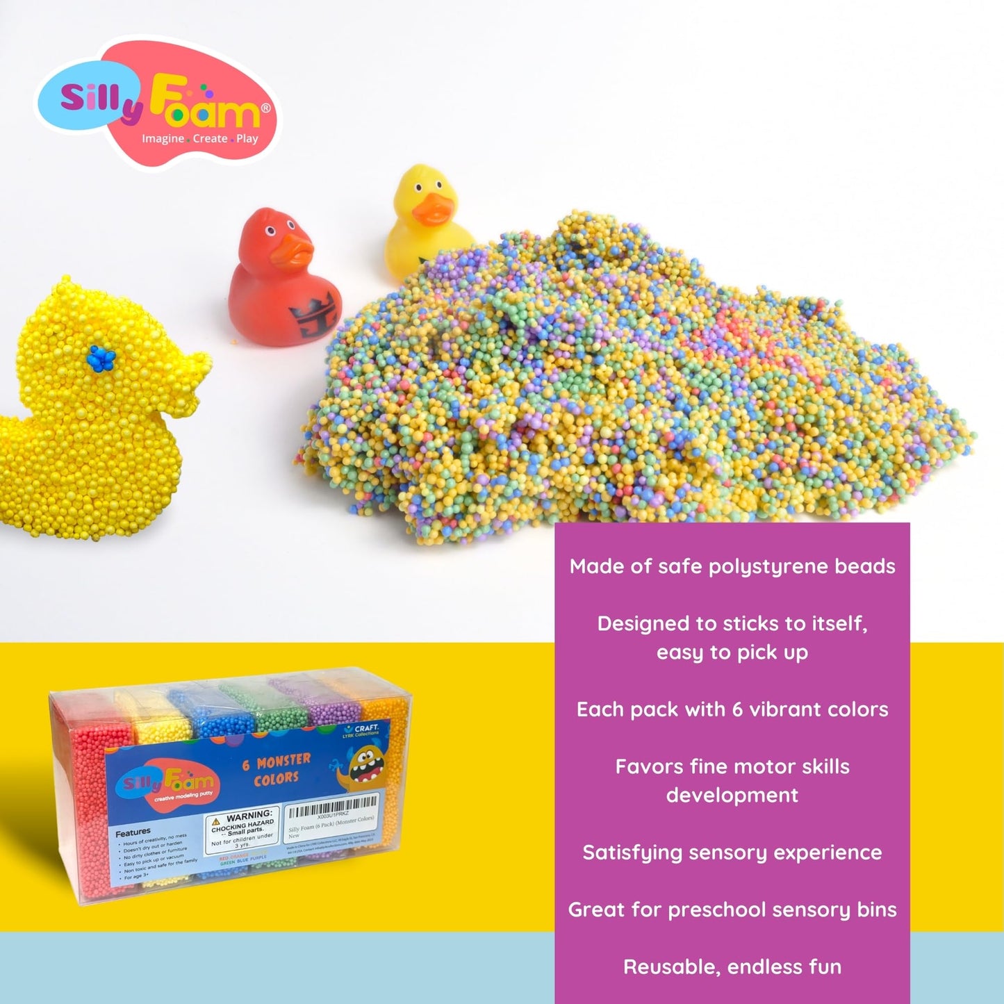 Silly Foam, Creative Modeling Foam Beads, 6 Primary Colors (Monster), Perfect for Preschool and Kids, Arts, Crafts, Sensory Play