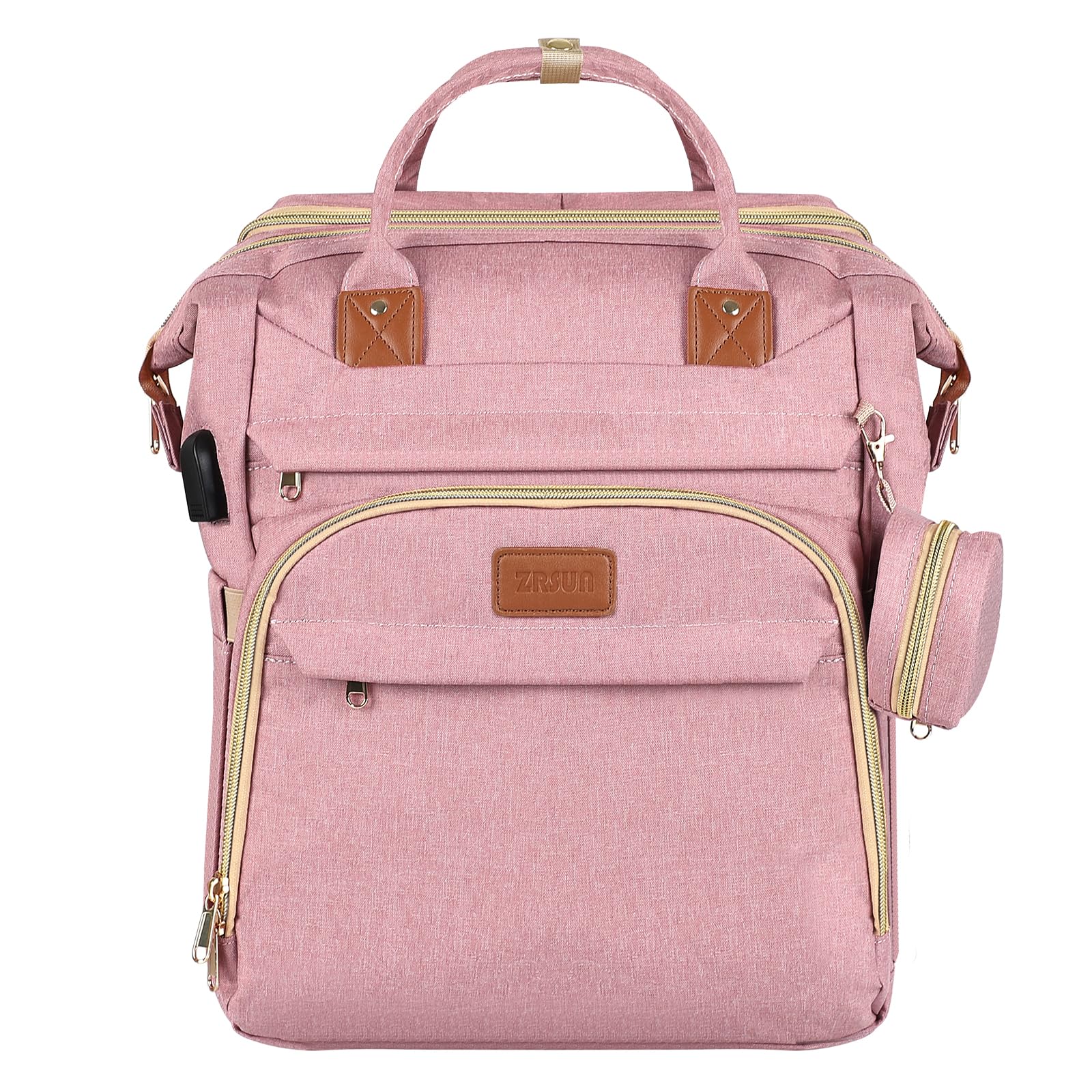 ZRSUN Baby Diaper Bag Backpack,Baby Shower Gifts, Multifunctional Travel Diaper Bag, Gifts for Mom with Portable Diaper Pad,Pink