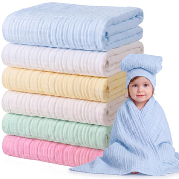 6 Pack Baby Muslin Bath Towels Cotton Soft Infant Towels Large Swaddle Receiving Blankets 6 Layers 43.3 x 43.3 Inch for Newborn 