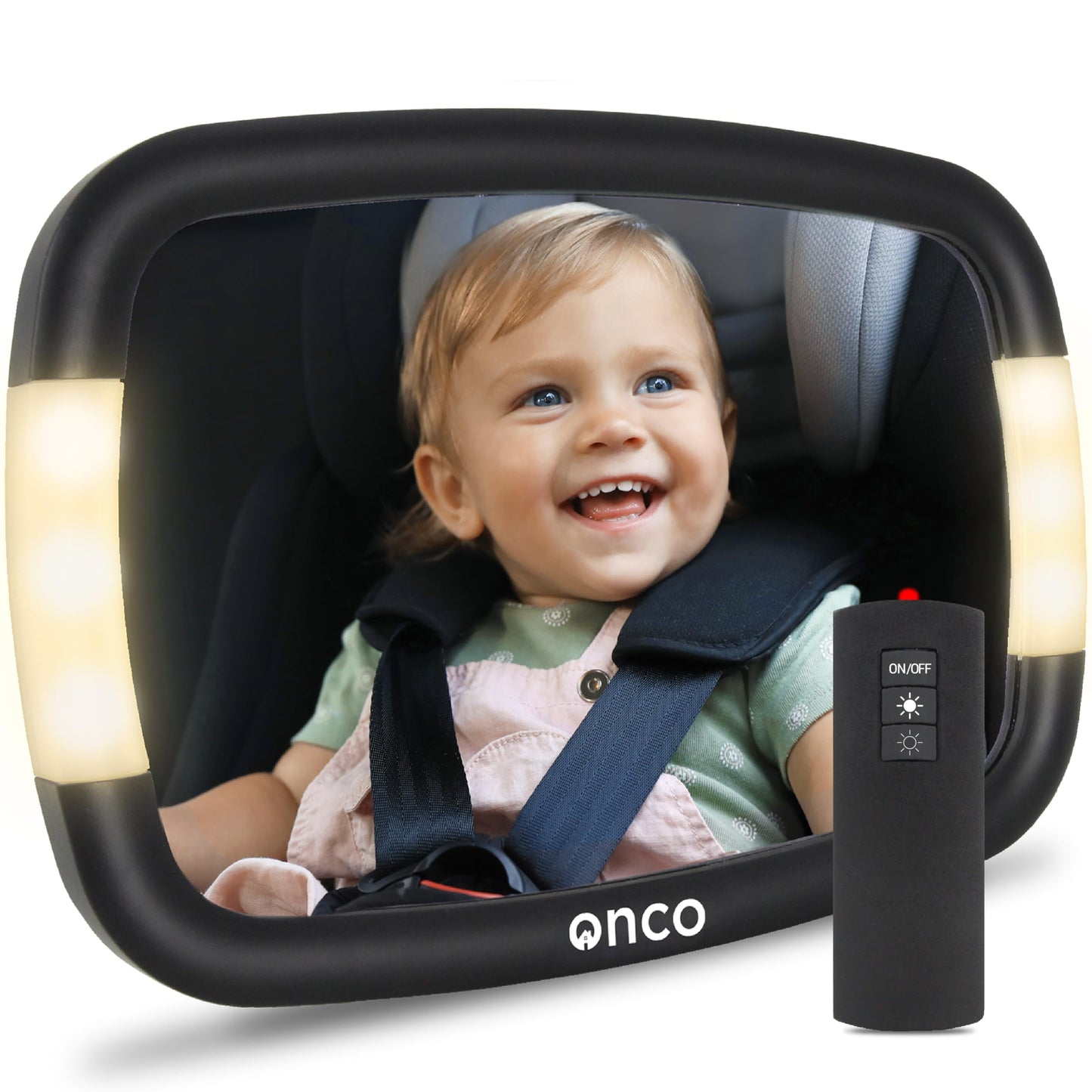 Onco Led Baby Car Mirror With Light - 2 Modes For Day & Night Driving, 100% Shatterproof Baby Mirror For Car, 360 Car Mirror For