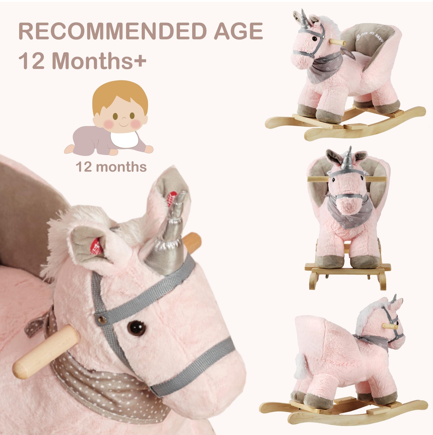 Rock My Baby Rocking Horse with Chair, Pink Unicorn Pony Rocker with Realistic Unicorn Music. Rocking Animal. Wooden Rocking Hor