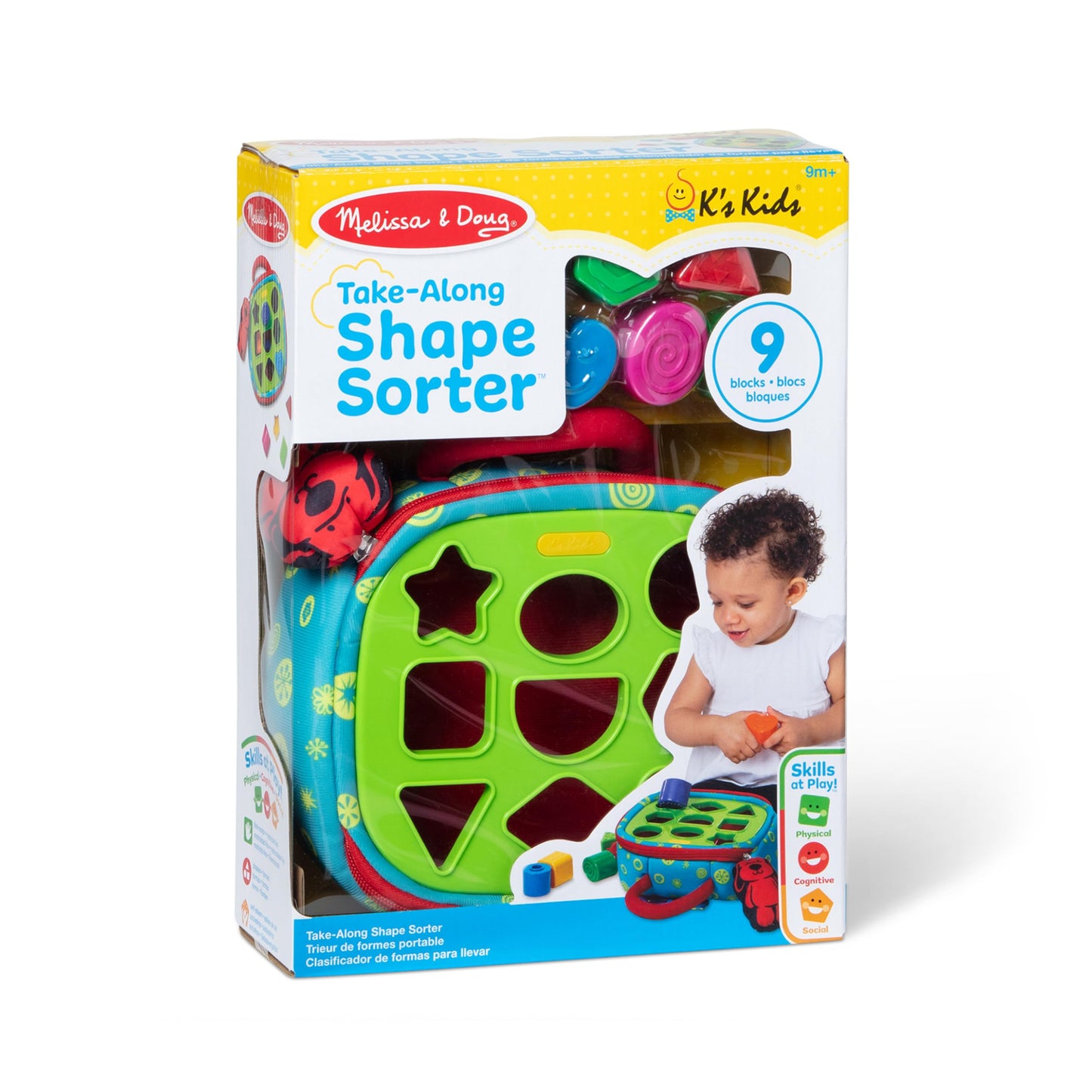 Melissa & Doug Ks Kids Take-Along Shape Sorter Baby Toy with 2-Sided Activity Bag and 9 Textured Shape Blocks Sensory Toys, Tra