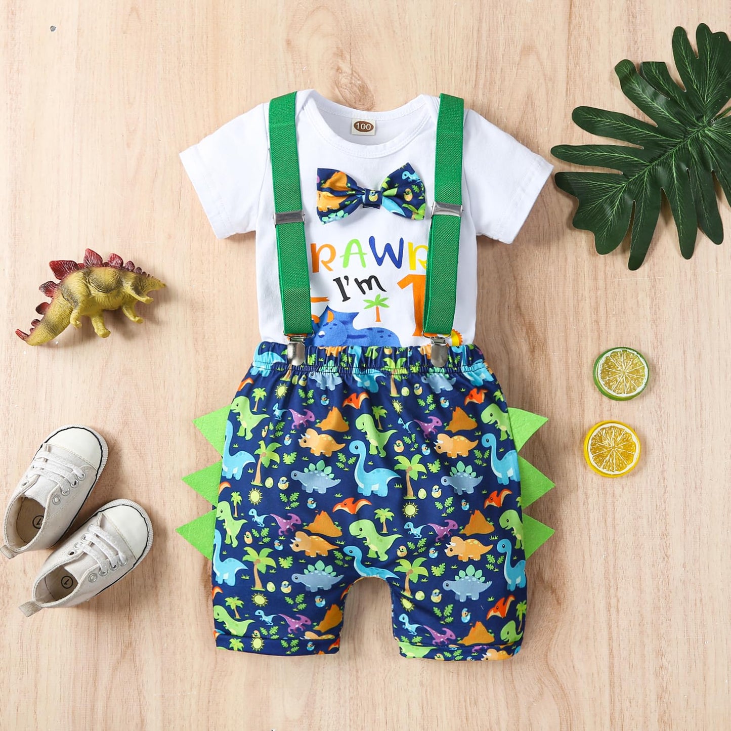 Vivifayee Baby Boy First Birthday Outfit Dinosaur Halloween Short Sleeve Bowtie Rompers Shorts Set With Suspenders One Year Old