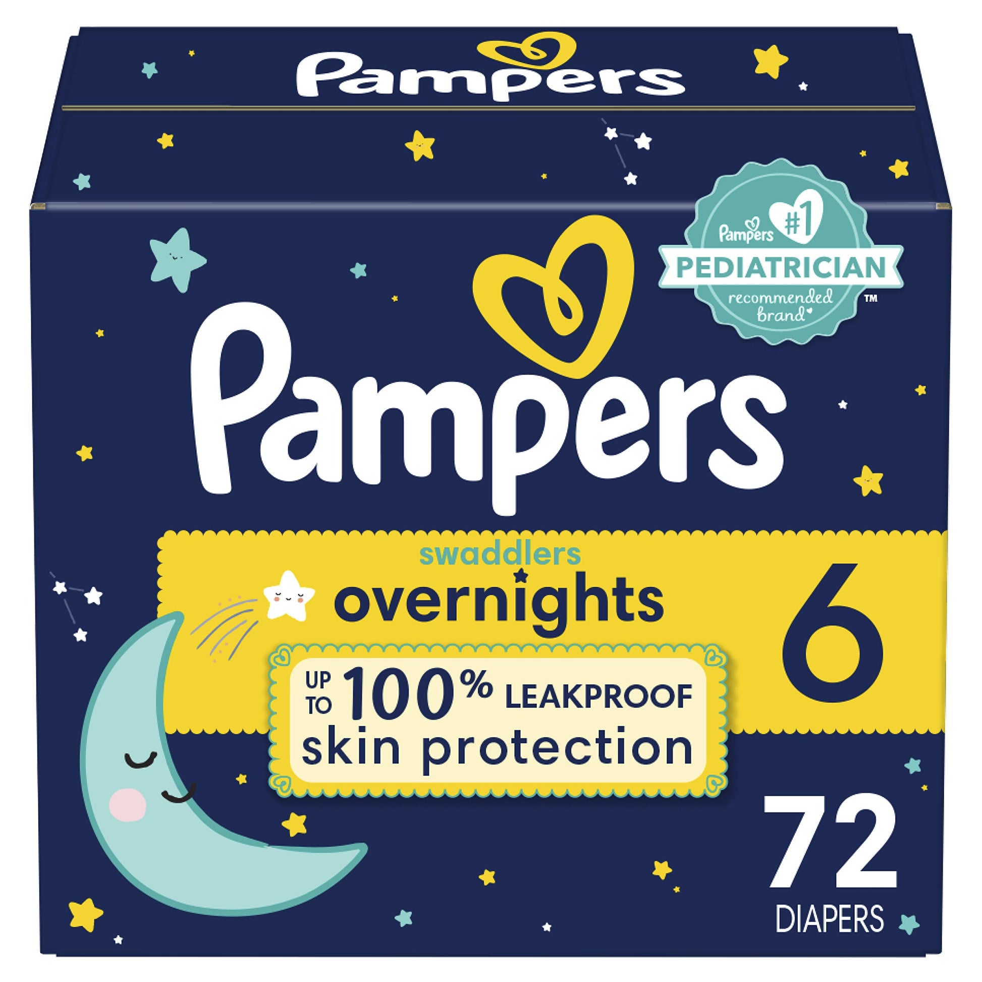 Pampers Overnight Diapers - Swaddlers Overnights - Size 6, 72 Count, Disposable Baby Diaper, Night Time Leak And Skin Protection