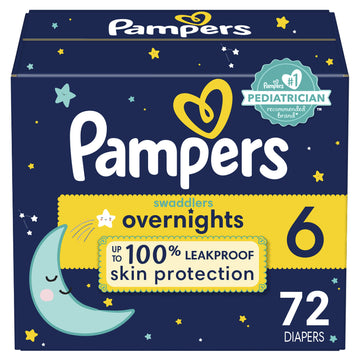 Pampers Overnight Diapers - Swaddlers Overnights - Size 6, 72 Count, Disposable Baby Diaper, Night Time Leak And Skin Protection