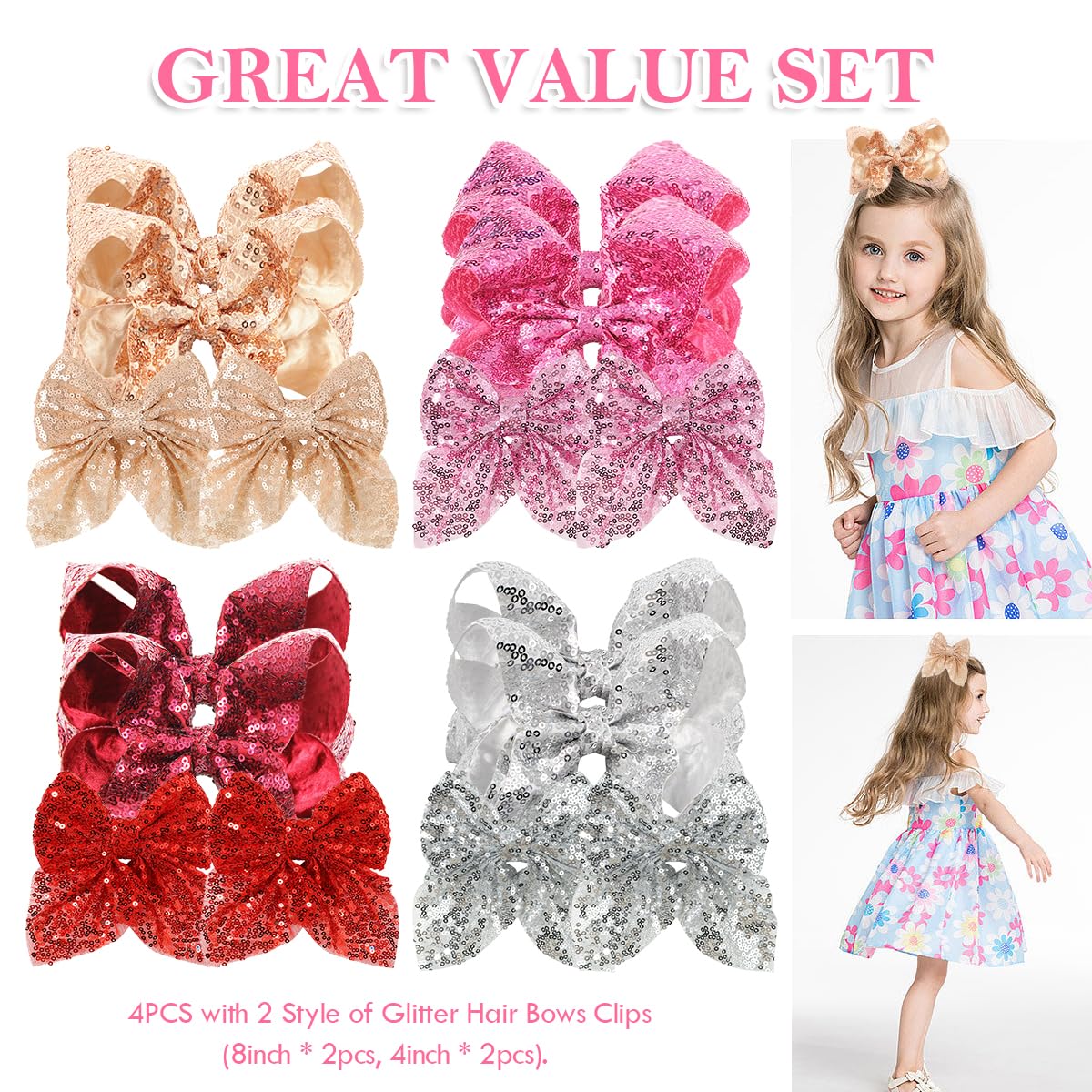 Aaiffey Glitter Pink Hair Bows For Girls,Sparkly Sequin Bows Hair Alligator Clips Toddler Bow Clips Hair Accessories For Girls K