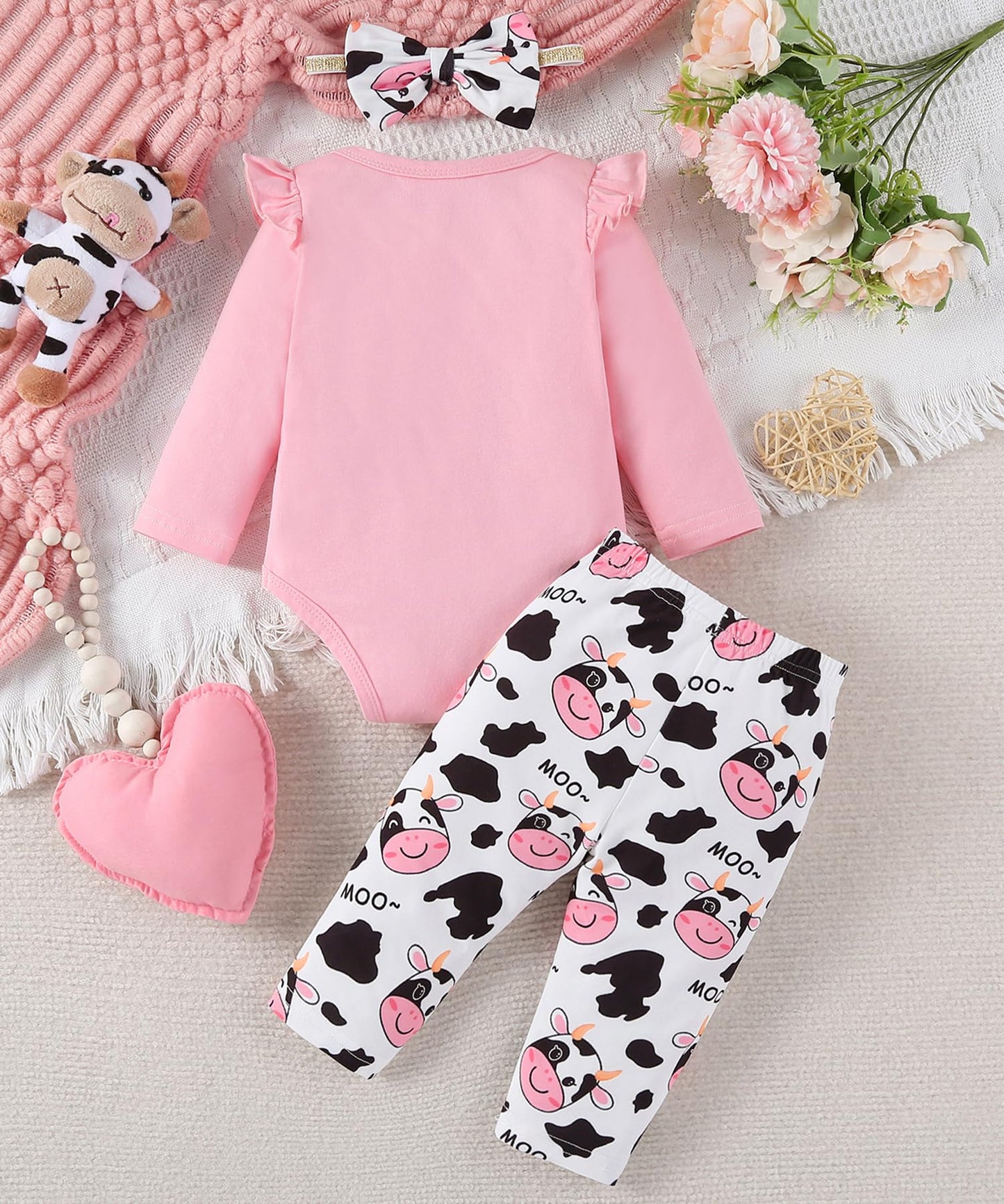 Fullfamous Baby Girl Clothes Gifts Outfits,Fall Winter Long Sleeve Romper And Pant Set Light Pink Cow 18-24 Months