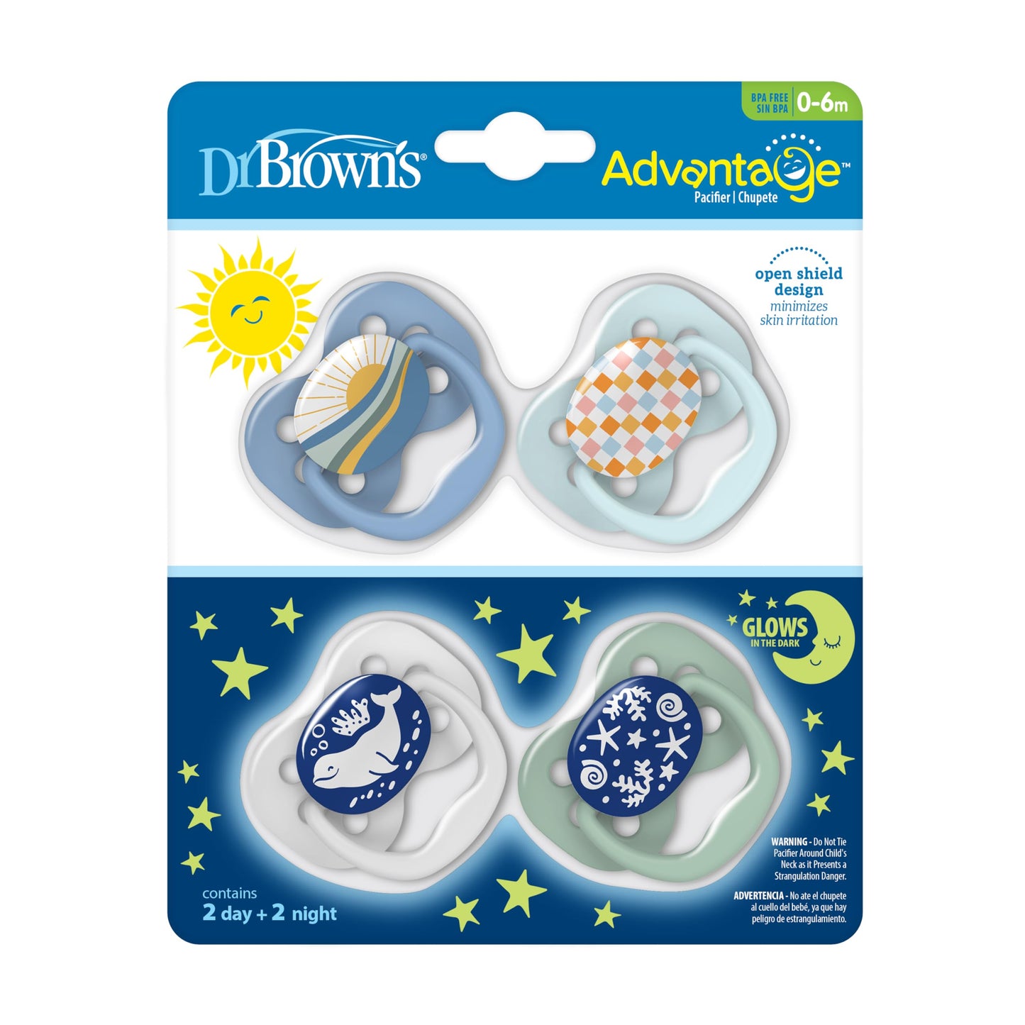 Dr. Brown'S Advantage Glow-In-The-Dark Baby Pacifier, Fully Symmetrical Soother With Soft Silicone Bulb, 0-6M, Bpa Free, Blue Su