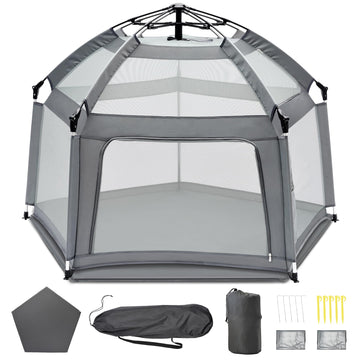 Baby Playpen with Self-Inflating Play Mat & Travel Bag, Portable Outdoor Playpen for Babies and Toddlers, Foldable Pop Up Play T