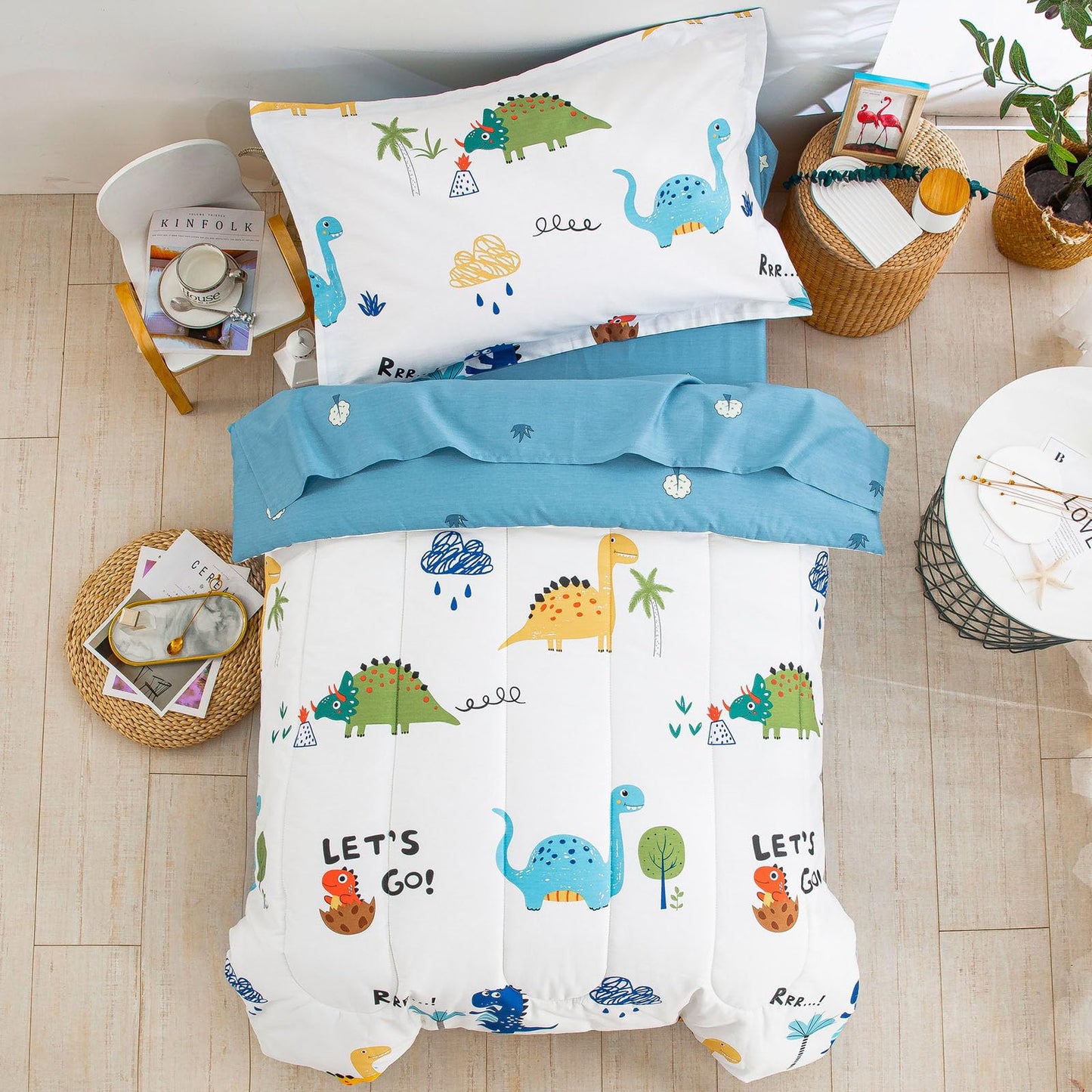 Djy Cotton Toddler Bedding Set For Boys Girls, 4 Pieces Dinosaur Toddler Bed Comforter Set, Includes Quilted Comforter, Flat She
