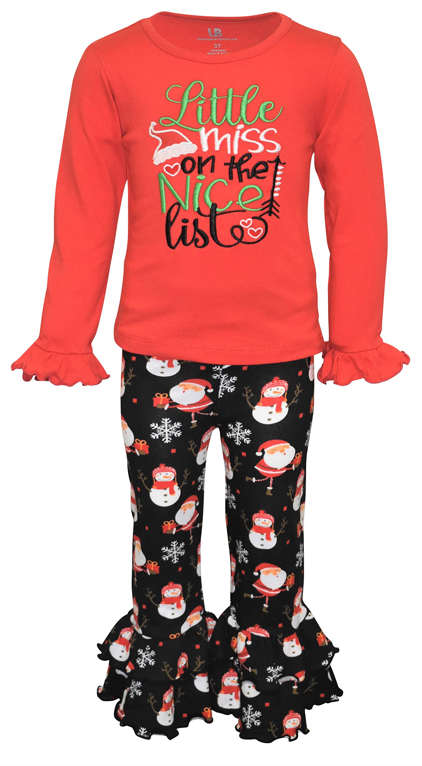 Unique Baby Girls Little Miss Nice List Christmas Pant Set (4T, Black Santa)