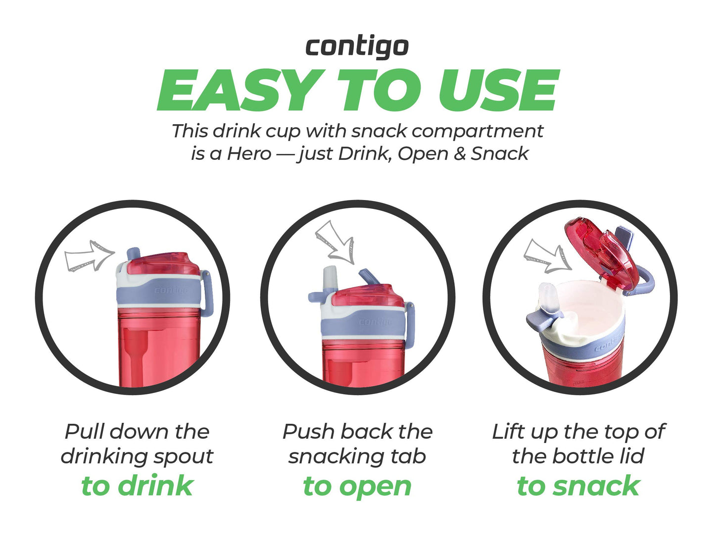 Contigo Snack Hero 2-In-1 Bottle Set - 4Oz Snack Compartment & 13Oz Spill-Proof Water Bottle - Red & Blue