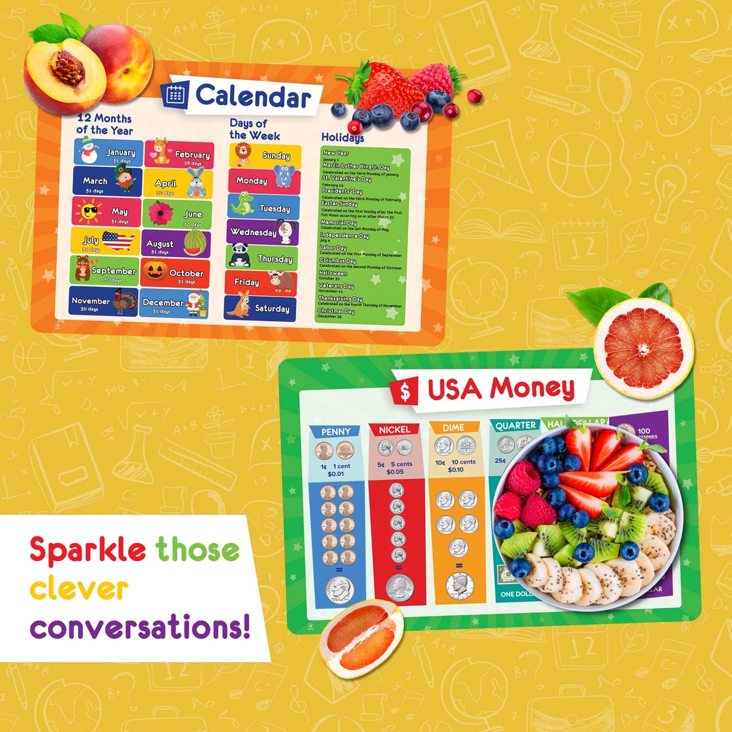 Simply Magic 5 Placemats For Kids - Kids Placemats Non Slip, Washable Reusable Toddler Placemats, Educational Placemats: Money,