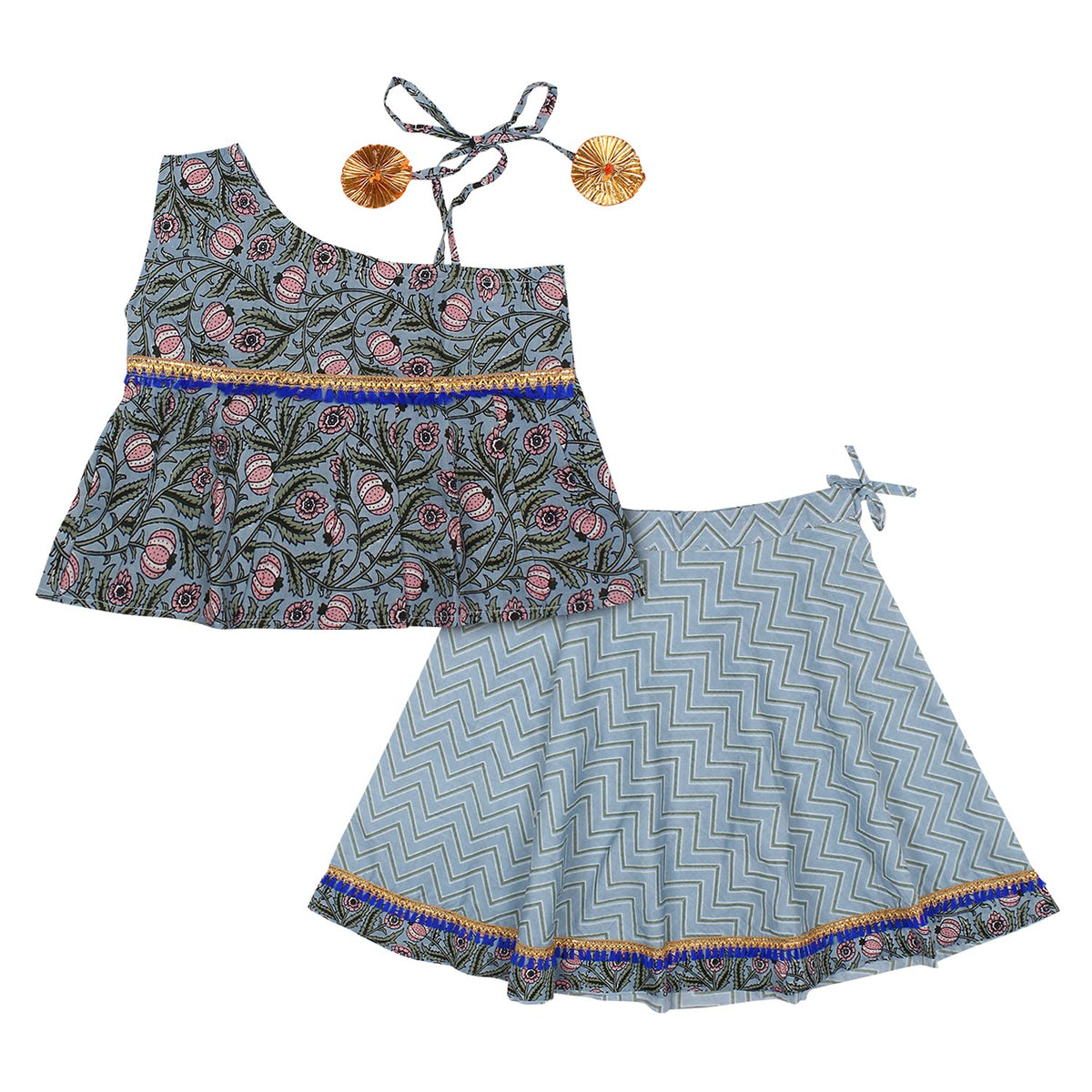 Superminis Baby Girls Cotton Jaipuri Print One Side Off Shoulder Top/Kurti And Printed Lehnga/Skirt With Dori Closure Dress Clot