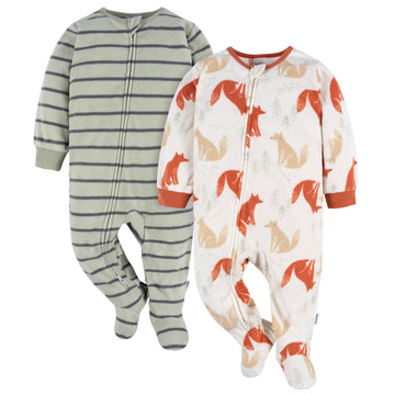 Gerber Baby Boy'S Toddler Loose Fit Flame Resistant Fleece Footed Pajamas 2-Pack, Fox Stripe, 3T