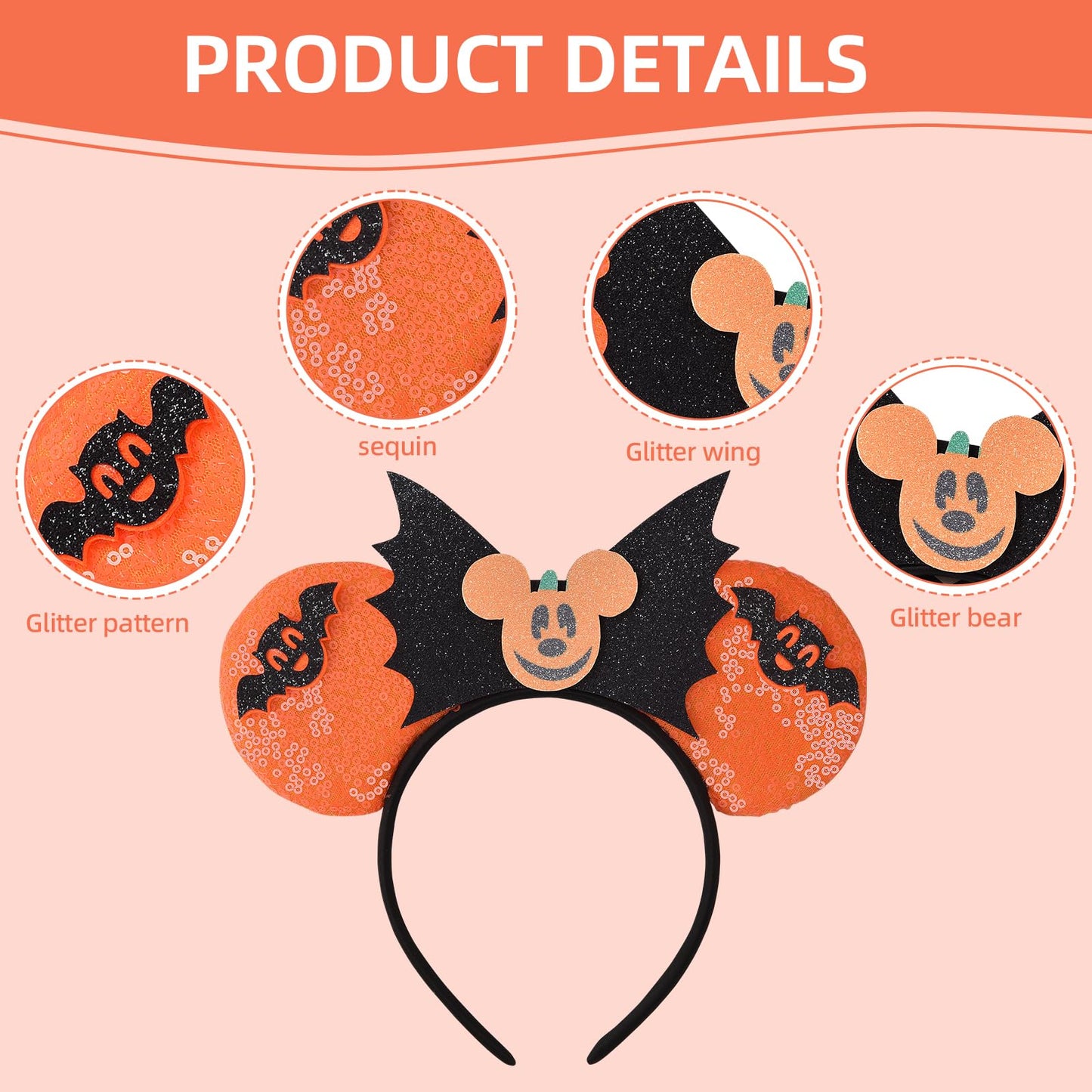 Eisyaa Halloween Minnie Ears Bow Headbands, Sequin Mickey Ears Halloween Bat Headband Glitter Party Princess Decoration Cosplay