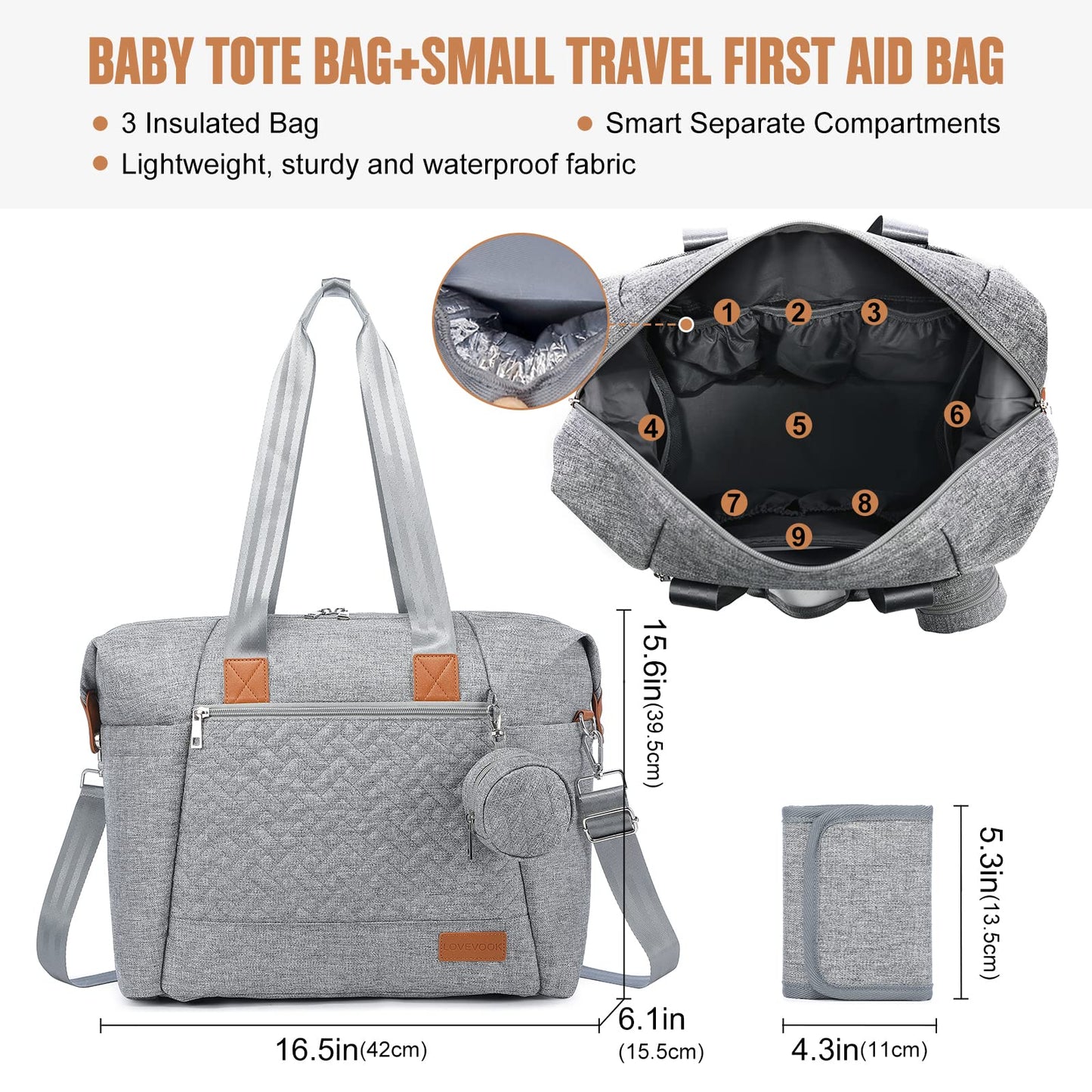 Lovevook Diaper Bag Tote, Large Baby Tote Bag, Travel Diaper Tote For Mom And Dad With Changing Pad And First Aid Bag, Light Gre