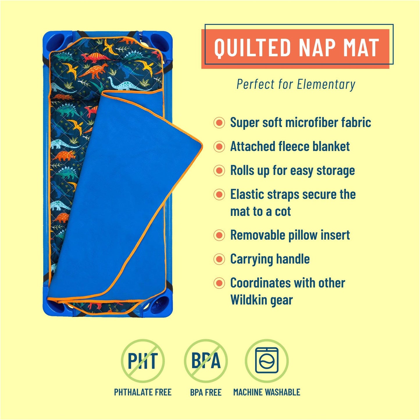 Wildkin Microfiber Modern Quilted Nap Mat With Reusable Pillow For Boys & Girls, Ideal For Elementary Sleeping Mat, Soft Blend M