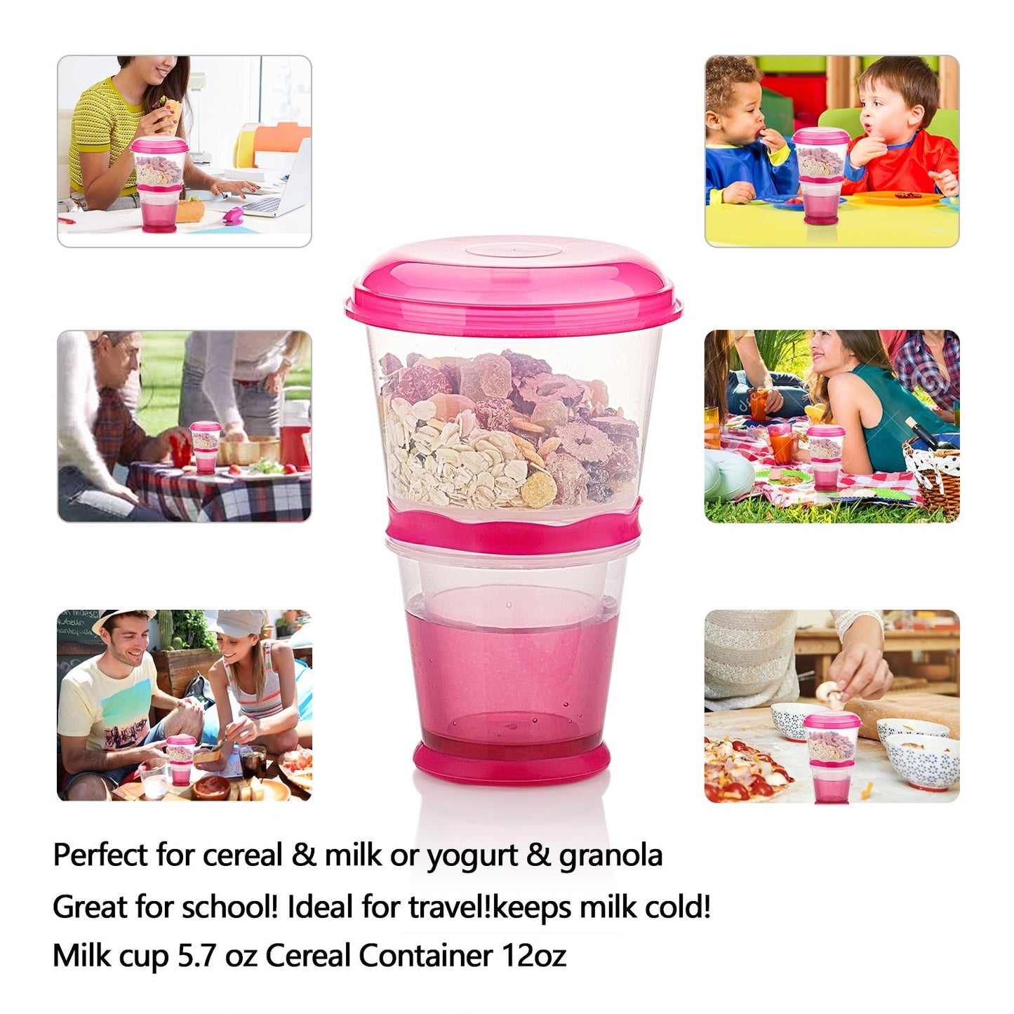 Inogih Cereal On The Go Cups Breakfast-Portable Drink-Cup Cereal To-Go Container-Cup With Spoon (Pink)