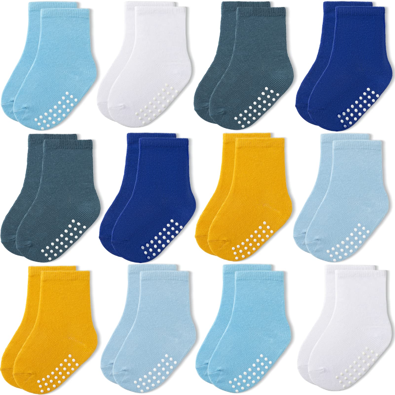 Jakidar 12 Pairs Baby Socks Cotton Crew Toddler Socks Grips Non Slip Bottom Socks, Turmeric Skyblue Sapphire Blue 6-12M