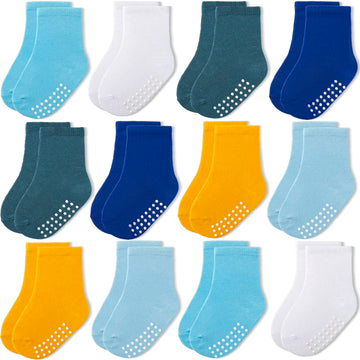 Jakidar 12 Pairs Baby Socks Cotton Crew Toddler Socks Grips Non Slip Bottom Socks, Turmeric Skyblue Sapphire Blue 6-12M