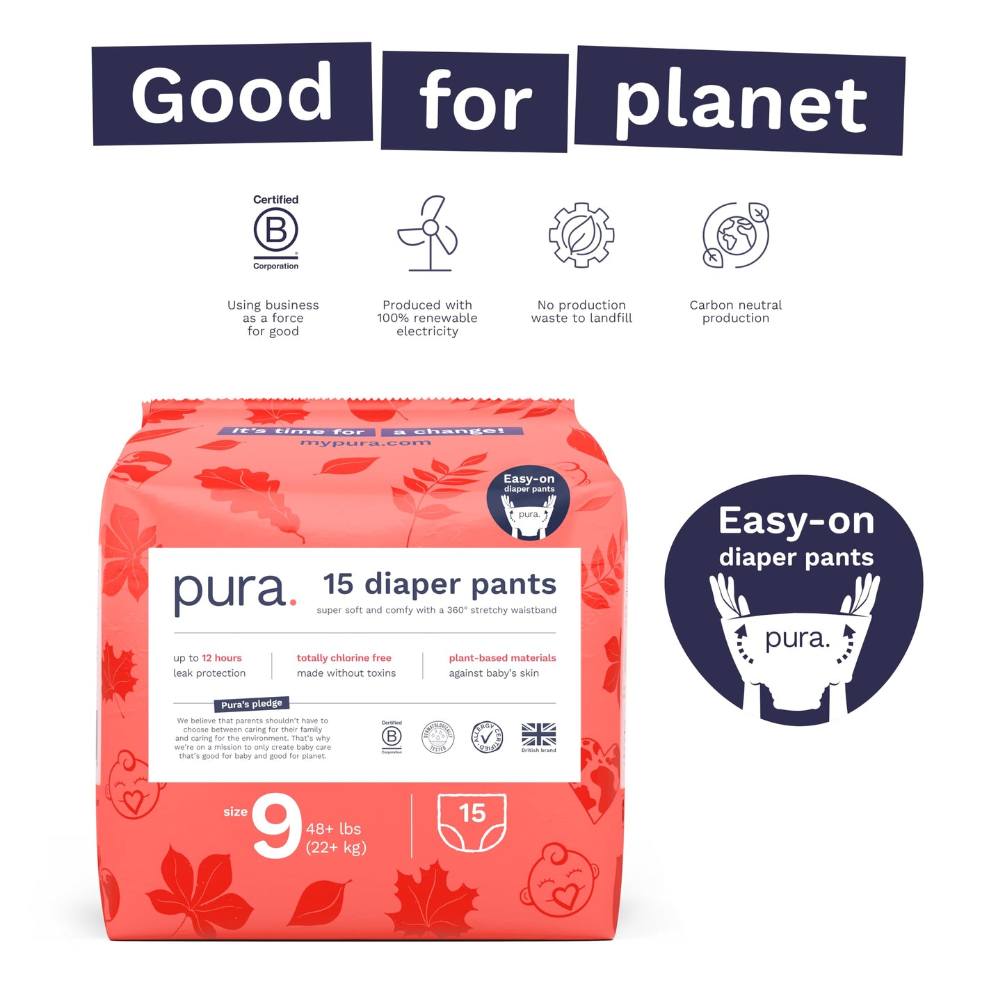 Pura Size 9 Diaper Pants - 1 X 15 Diapers (48+Lbs), Pull Up Disposable Baby Diapers For Sensitive Skin, Hypoallergenic, Fragranc