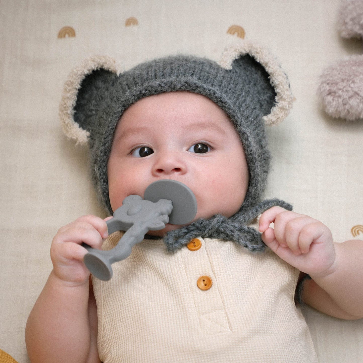 Moonkie Teething Toy, Safe & Easy to Hold BPA Free Silicone Teethers, 360 Baby Toothbrush with Suction Base, Teether Toys Best f