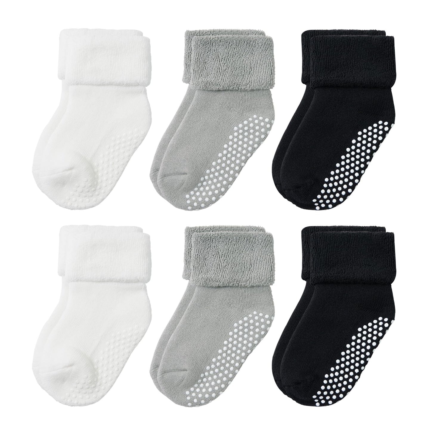 Vwu 6 Pack Baby Socks With Grips Toddler Thick Cotton Socks Anti Slip 0-10 Years Old (2 White 2 Grey 2 Black, 3-12 Months)