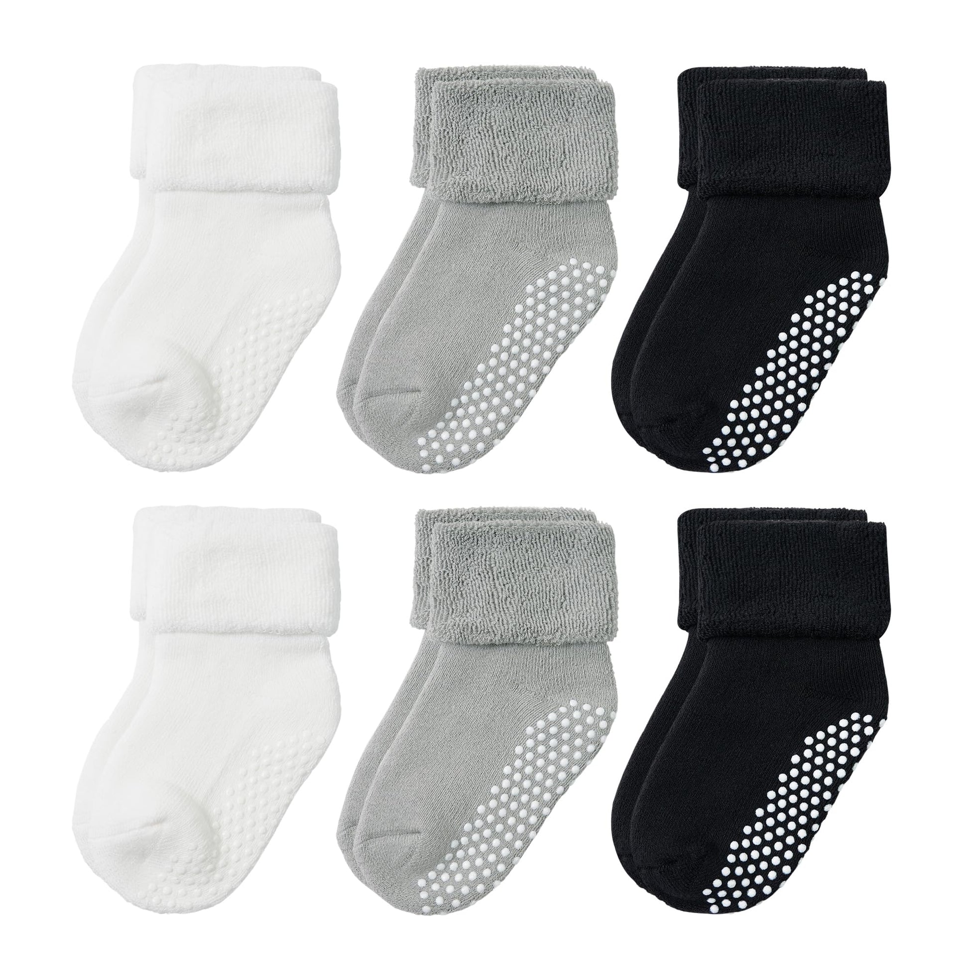 Vwu 6 Pack Baby Socks With Grips Toddler Thick Cotton Socks Anti Slip 0-10 Years Old (2 White 2 Grey 2 Black, 3-12 Months)