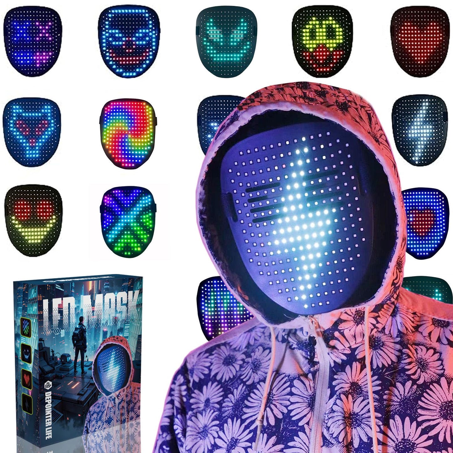 Depointer Life Led Mask With Gesture Sensing,Unisex Led Lighted Face Transforming Mask For Costume Cosplay Party Masquerade
