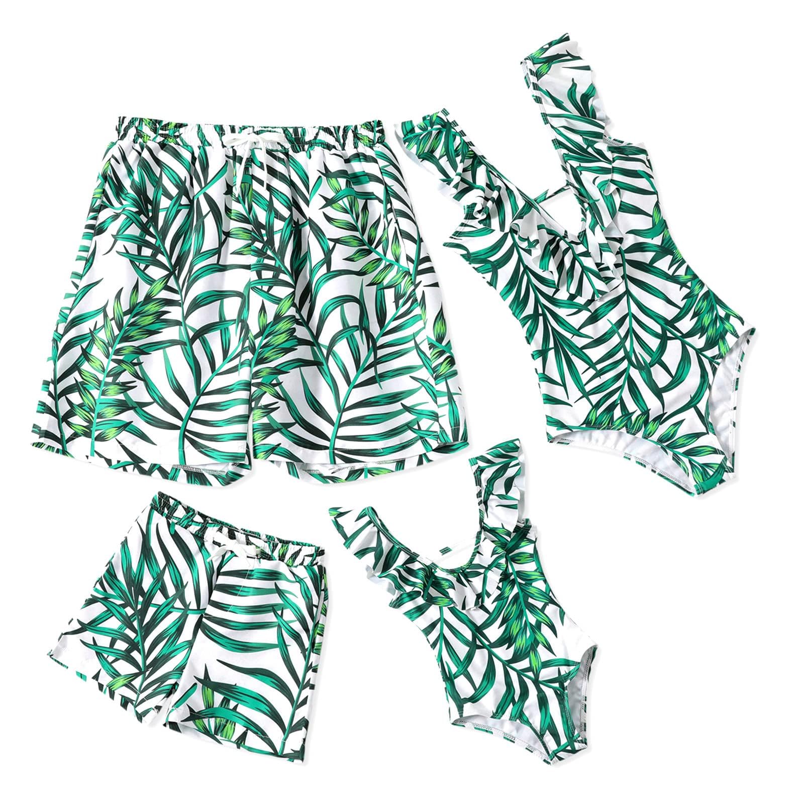 Iffei Mommy And Me Swimsuit One Piece Leaves Printed Ruffle V Neck Bathing Suits Family Matching Swimwear Green Girls: 2 Years