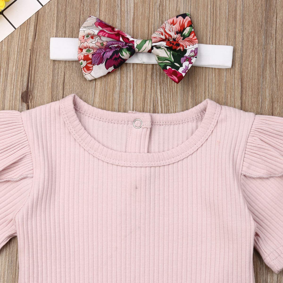 Newborn Baby Girls Cotton Short Sleeve Ruffle Bodysuit And Floral Shorts Headband Outfit Summer Clothes Set (3-6 Months, Pink+Pu