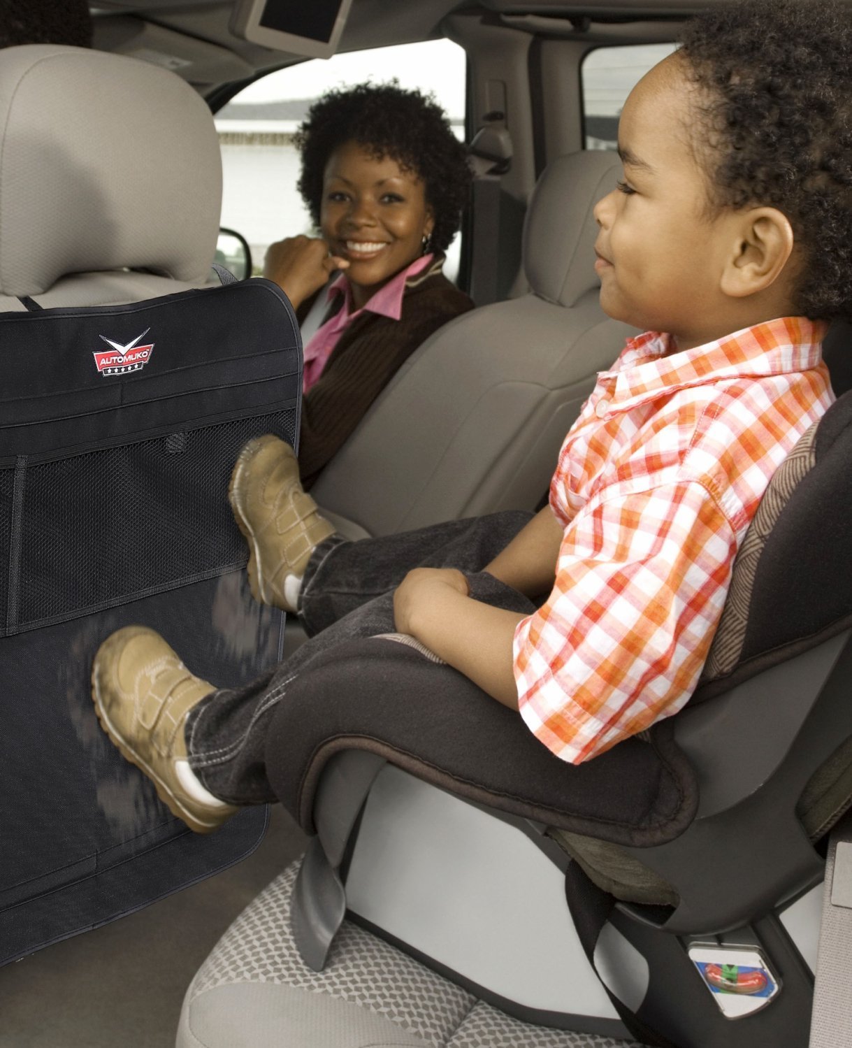 Automuko Kick Mats With Organizer - Premium Thick Waterproof Quality Seat Back Protectors - Extra Long Size With Adjustable Stra