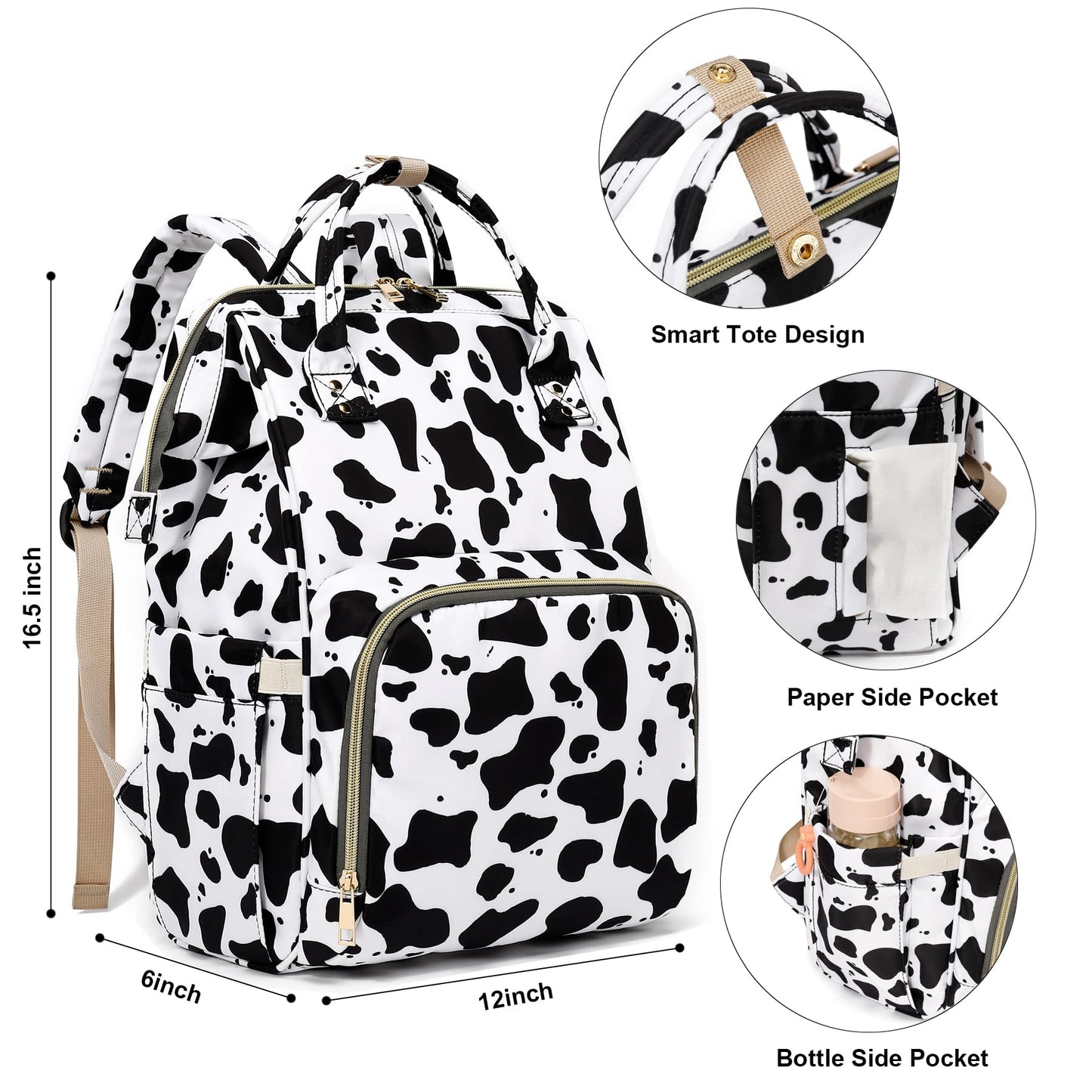 Xunteny Cow Print Baby Diaper Bag Backpack For Girls Boys, Waterproof Large Maternity Nappy Bags For Mom