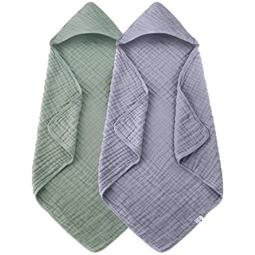 Spotted Play 2 Pack Hooded Baby Towels - 100% Muslin Cotton For Newborns, Infants, Toddlers - Large 32X32Inch Size - Highly Abso