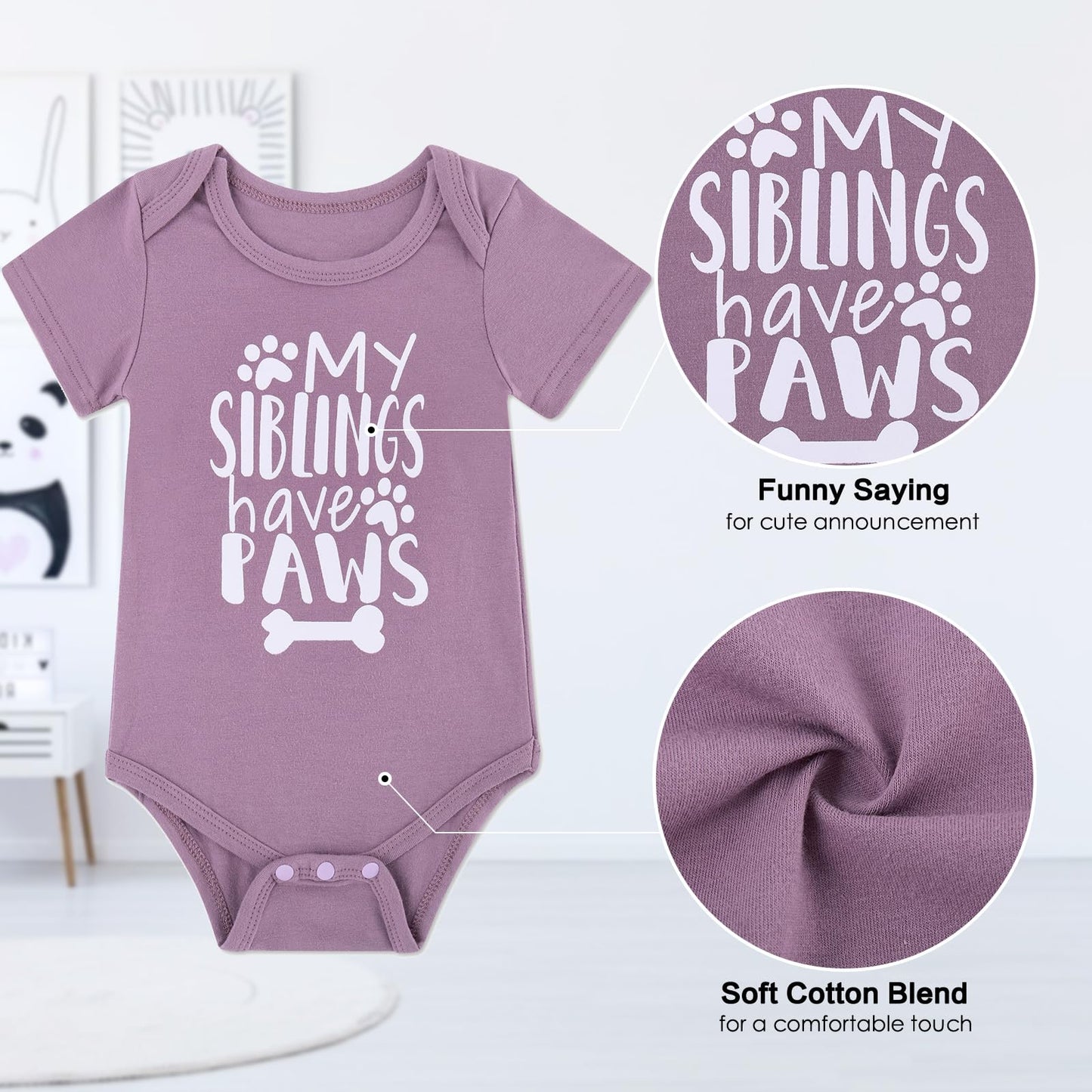 Funnycokid Baby My Siblings Have Paws Purple Onsies 0-3 Months Bodysuit Mauve Unisex Baby Clothes Cute Gender Neutral Baby Gift