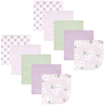Hudson Baby Unisex Baby Flannel Cotton Washcloths, Purple Dainty Floral 10 Pack, One Size
