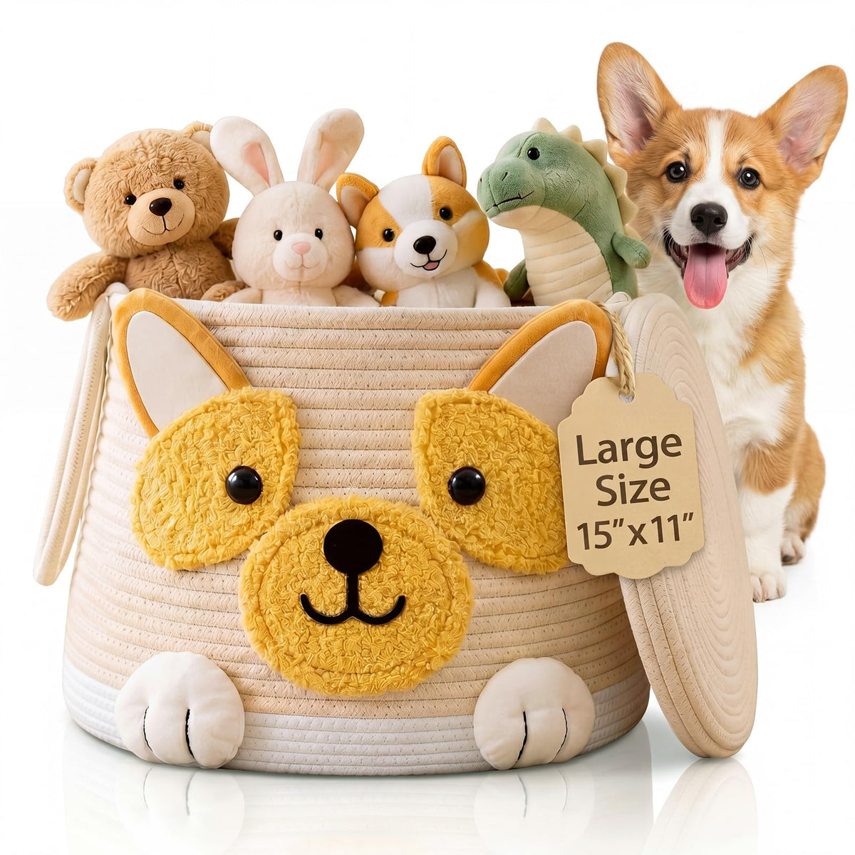 Yiyiring Large Dog Toy Basket with Handles and Lid (15.75 x 11.81)  42 L Cute Woven Corgi Toy Storage Bin for Toys, Clothes, 