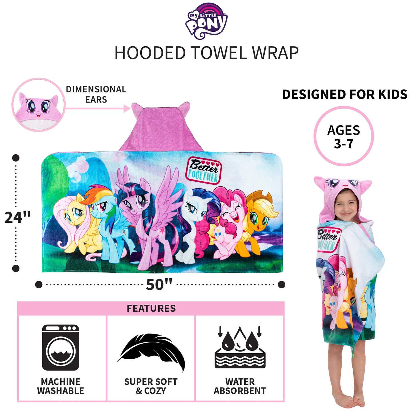 My Little Pony Bath/Pool/Beach Soft Cotton Terry Hooded Towel Wrap, 24 In X 50 In, By Franco Kids
