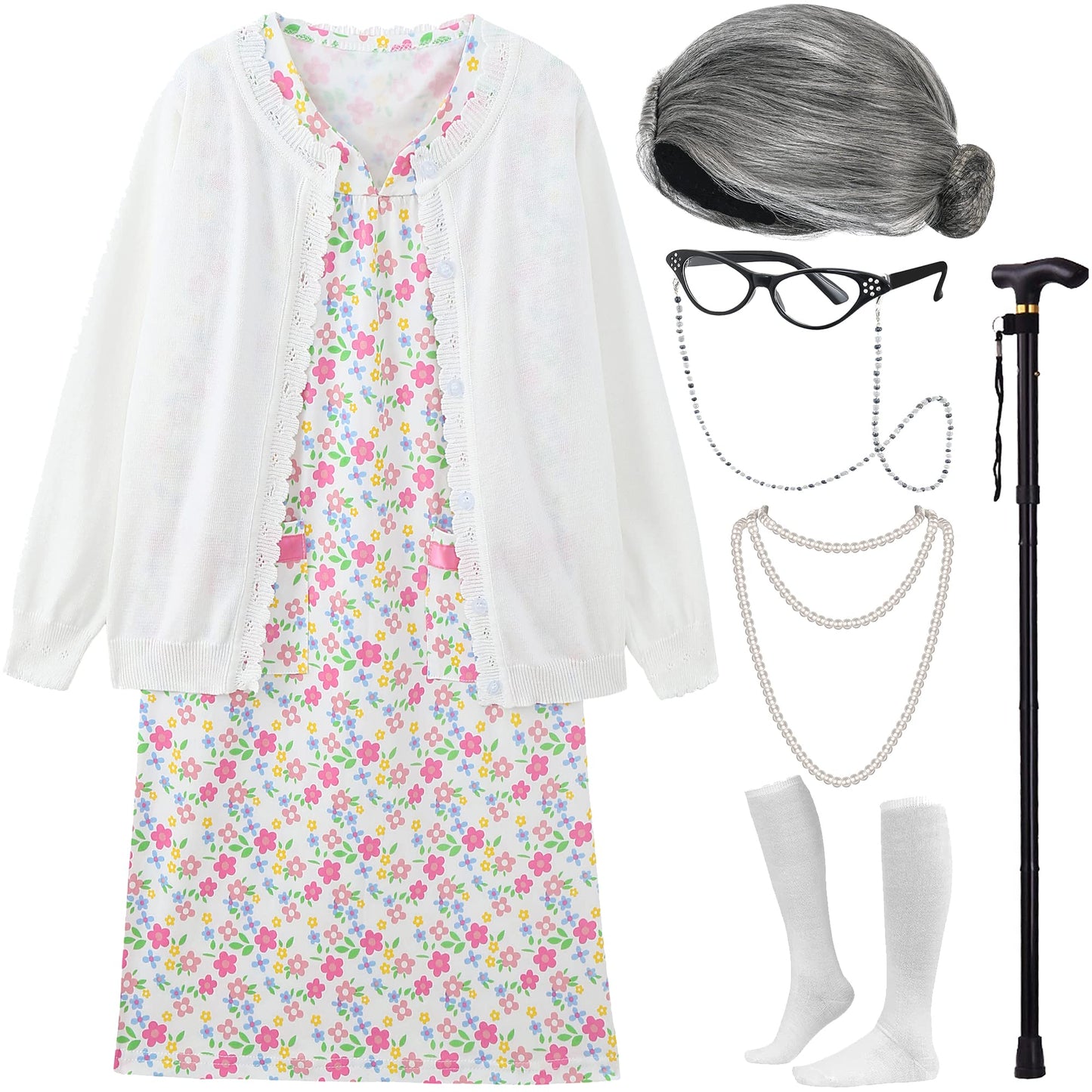 Ebytop Old Lady Costume For Kids Halloween 100Th Day Of School Girls Dress Up Granny Wig Grandma 100 Days Glasses Cane,1-Wh 8-10