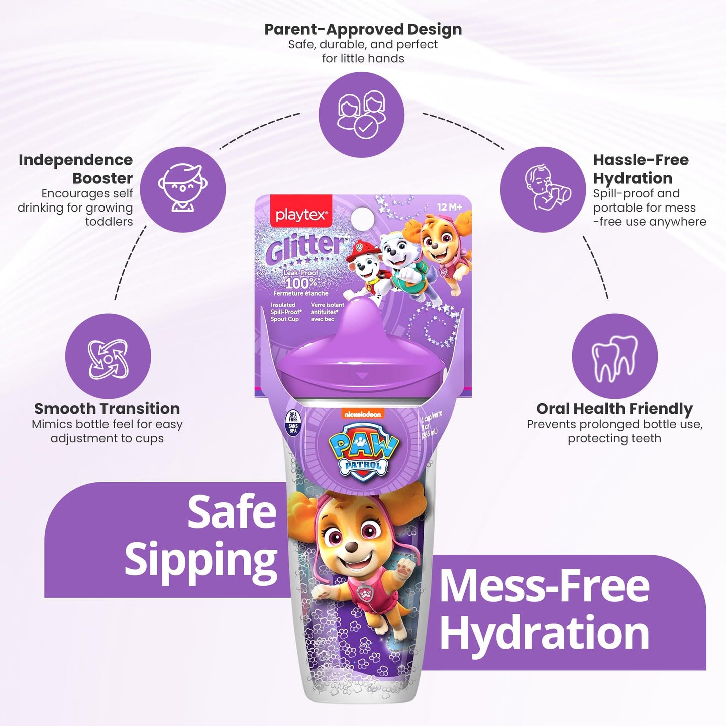 Playtex Baby Sipsters Stage 3 Paw Patrol Sippy Cups, Spill-Proof, Leak-Proof, Insulated, Glitter - Purple, 9 Oz, 1 Count