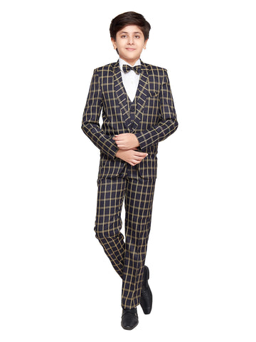 Jeetethnics Boys Black Checked Coat Suit Set With Waistcoat Shirt And Trousers (9083Eq)