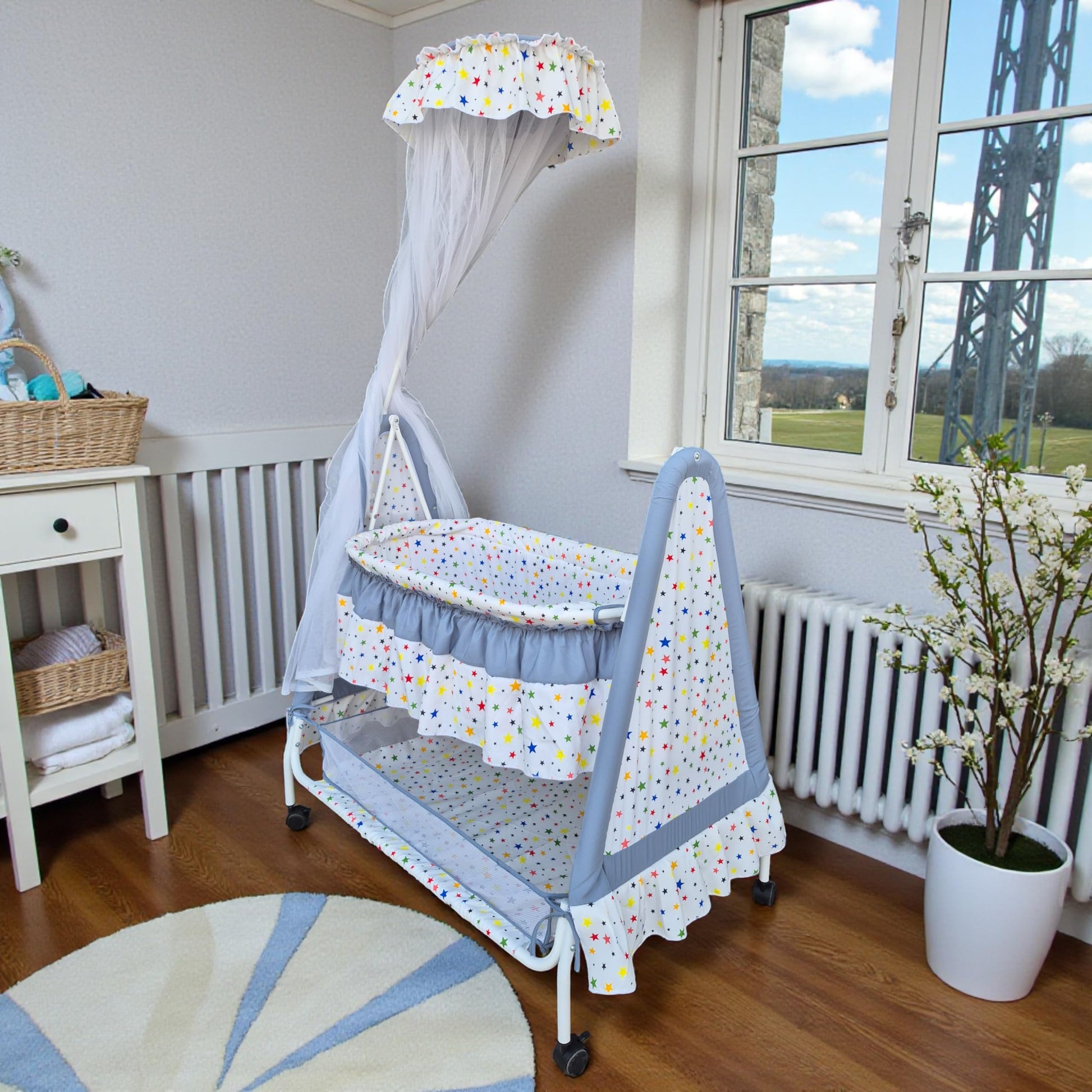 Kiddery Astra | Cradle For Baby | New Improved Mattress Design | Mosquito Protection Net | Smooth Swing | All Wheel Lock | Palna