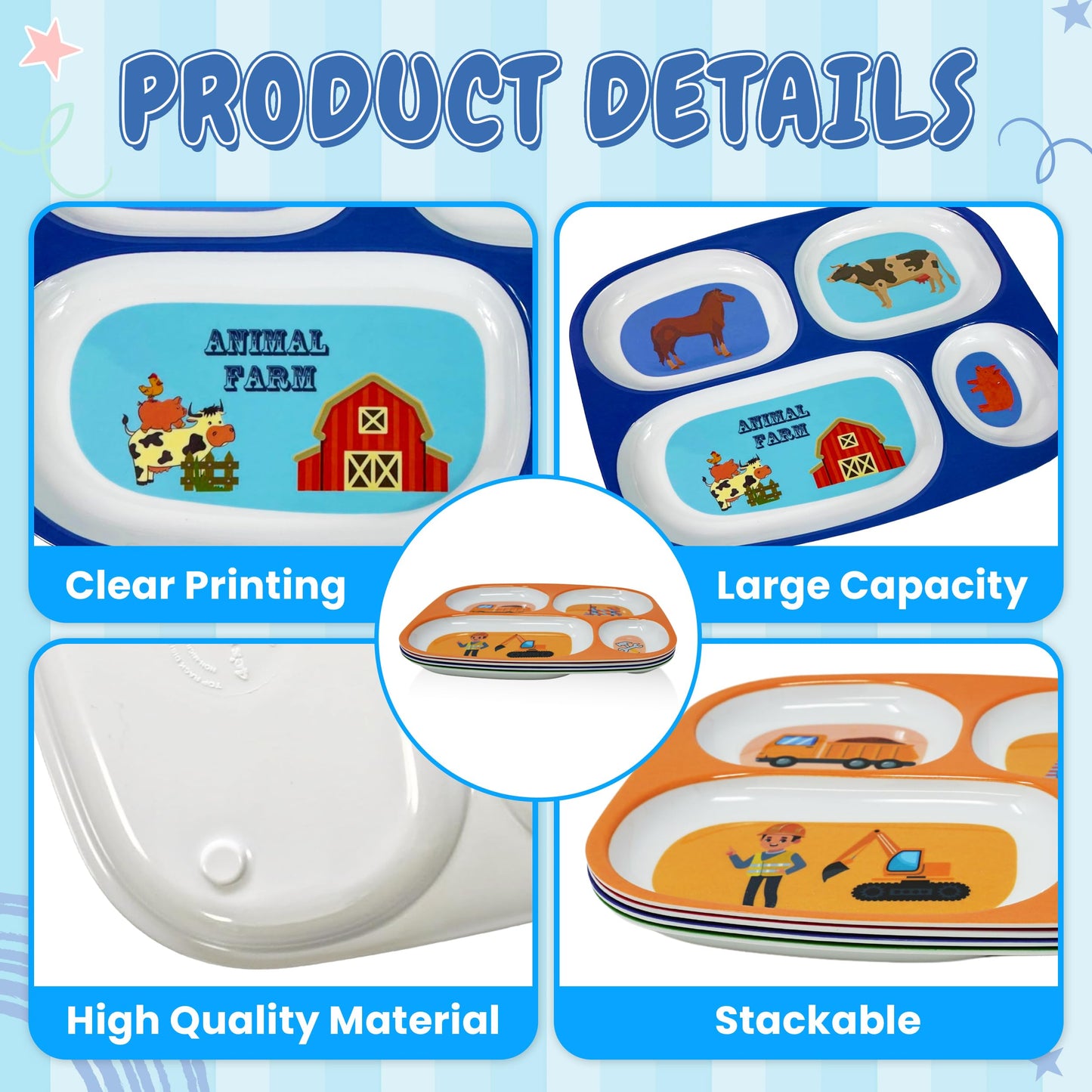 4E'S Novelty Set Of 4 Melamine Dinner Plates For Kids Boys - Divided Plates For Picky Eater, Bpa Free, Toddler Eating Essentials
