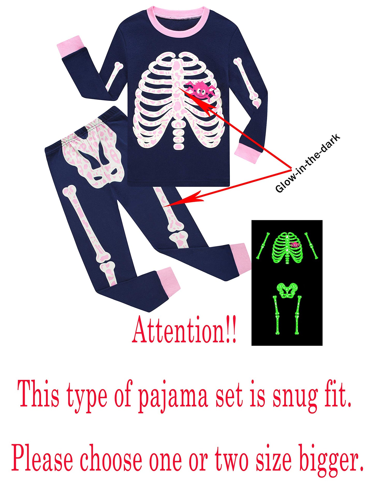 Kikizye Baby Girls Halloween Skeleton Pajamas Toddler Long Sleeve Cotton Pjs Size 18-24 Monthes