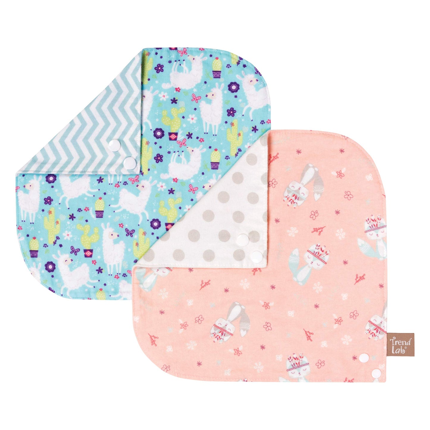 Trend Lab Southwest Llama 2 Pack Reversible Flannel Bandana Bib Set-Fox/Dot, Llama/Chevron Prints, Pinks, Mint, Gray, Turquoise,